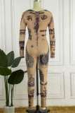 Khaki Sexy Print Patchwork O Neck Skinny Jumpsuits