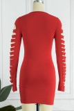 Red Sexy Casual Solid Ripped O Neck Long Sleeve Dresses