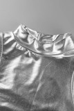 Silver Sexy Solid Patchwork Turtleneck Sleeveless Two Pieces
