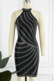 Black Sexy Solid Patchwork Hot Drill O Neck One Step Skirt Dresses