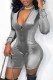 Grey Sexy Print Letter Zipper Collar Rompers