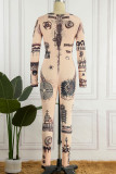 Khaki Sexy Print Patchwork O Neck Skinny Jumpsuits