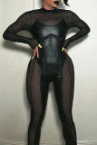 Black Sexy Solid Patchwork See-through O Neck Skinny Jumpsuits