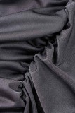 Grey Sexy Solid Hollowed Out Fold O Neck Long Sleeve Dresses