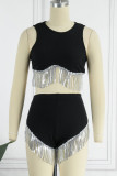 Black Sexy Solid Tassel Patchwork O Neck Sleeveless Two Pieces