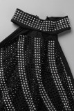 Black Sexy Solid Patchwork Hot Drill O Neck One Step Skirt Dresses