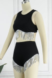 Black Sexy Solid Tassel Patchwork O Neck Sleeveless Two Pieces