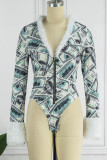 Blue Sexy Casual Print Patchwork V Neck Skinny Romper