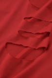 Red Sexy Casual Solid Ripped O Neck Long Sleeve Dresses