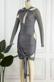 Grey Sexy Solid Hollowed Out Fold O Neck Long Sleeve Dresses