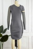 Grey Sexy Solid Hollowed Out Fold O Neck Long Sleeve Dresses