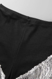 Black Sexy Solid Tassel Patchwork O Neck Sleeveless Two Pieces