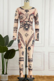Khaki Sexy Print Patchwork O Neck Skinny Jumpsuits