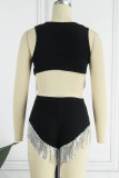 Black Sexy Solid Tassel Patchwork O Neck Sleeveless Two Pieces