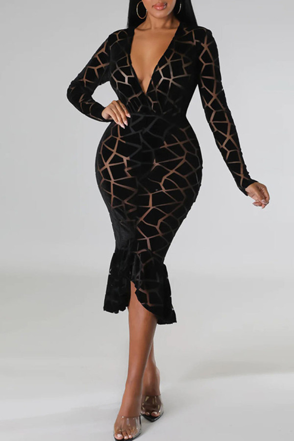 Black Sexy Solid Patchwork Flounce V Neck Trumpet Mermaid Dresses