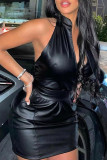 Black Sexy Solid Patchwork Backless Halter One Step Skirt Dresses