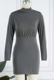 Dark Gray Sexy Solid Patchwork Backless With Bow Half A Turtleneck One Step Skirt Dresses