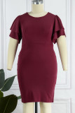 Rose Red Casual Solid Patchwork O Neck One Step Skirt Plus Size Dresses
