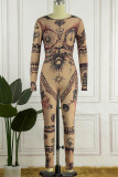 Khaki Sexy Print Patchwork O Neck Skinny Jumpsuits