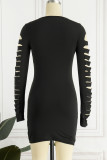 Red Sexy Casual Solid Ripped O Neck Long Sleeve Dresses