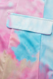 Powder Blue Casual Print Tie Dye Patchwork Buttons Turn-back Collar Outerwear