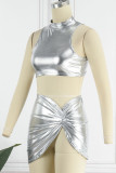 Silver Sexy Solid Patchwork Turtleneck Sleeveless Two Pieces