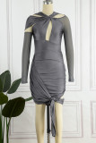 Grey Sexy Solid Hollowed Out Fold O Neck Long Sleeve Dresses