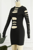 Red Sexy Casual Solid Ripped O Neck Long Sleeve Dresses