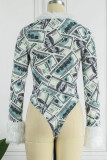 Blue Sexy Casual Print Patchwork V Neck Skinny Romper