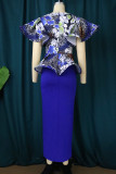 Blue Elegant Print Patchwork Flounce Square Collar One Step Skirt Dresses