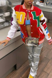 Camel Casual Letter Patchwork Contrast Turn-back Collar Outerwear
