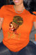 Orange Vintage Print Patchwork O Neck T-Shirts