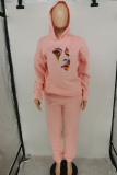 Pink Casual Print Rivets Patchwork Hooded Collar Long Sleeve Two Pieces