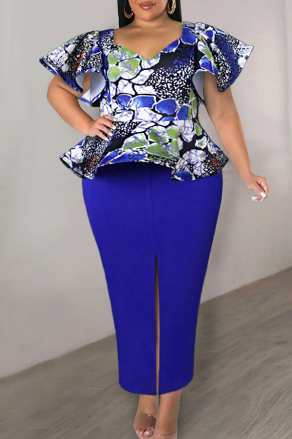 Blue Elegant Print Patchwork Flounce Square Collar One Step Skirt Dresses