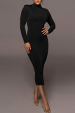 Black Casual Solid Patchwork Half A Turtleneck Pencil Skirt Dresses