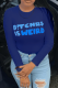 Navy Blue Street Print Letter O Neck Tops