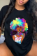 Black Street Print Patchwork O Neck T-Shirts