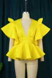 Yellow Elegant Solid Patchwork Flounce V Neck T-Shirts