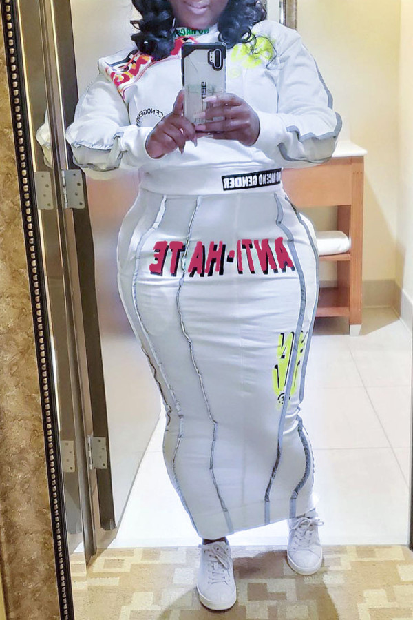 White Casual Print Patchwork Half A Turtleneck Long Sleeve Two Pieces