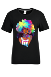 Black Street Print Patchwork O Neck T-Shirts