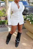White Sexy Solid Bandage Hollowed Out Patchwork Buckle Turndown Collar One Step Skirt Dresses