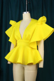 Yellow Elegant Solid Patchwork Flounce V Neck T-Shirts