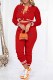 Red Casual Print Letter Mandarin Collar Long Sleeve Two Pieces