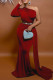 Red Elegant Solid Patchwork Oblique Collar Evening Dress Dresses