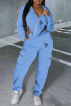 Sky Blue Street Print Letter Asymmetrical Hooded Collar Long Sleeve Two Pieces