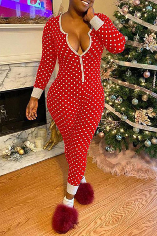 Red Casual Print Polka Dot Patchwork Buckle U Neck Plus Size Jumpsuits