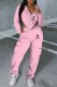 Pink Casual Print Letter Asymmetrical Hooded Collar Long Sleeve Two Pieces