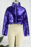 Blue Casual Solid Patchwork Mandarin Collar Outerwear