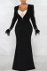 Black Sexy Solid Patchwork Feathers Hot Drill V Neck Long Sleeve Two Pieces(Not Include Inner Lap)