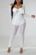 White Sexy Solid Patchwork See-through Asymmetrical Collar Skinny Jumpsuits